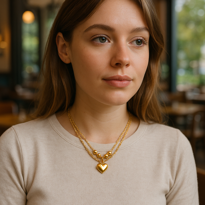 Woman wearing a gold necklace with heart pendant in a blurred indoor setting