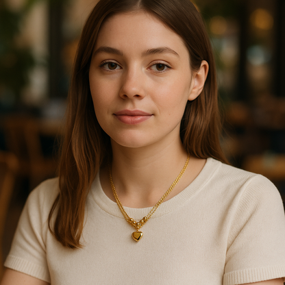 Woman wearing a gold necklace with a heart pendant in a blurred indoor setting