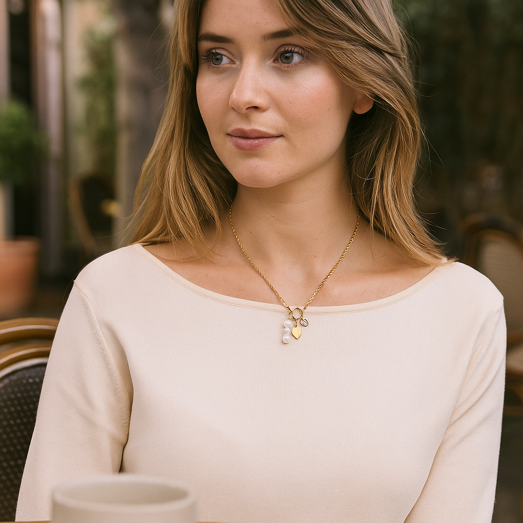 Woman wearing a necklace with a blurred outdoor background