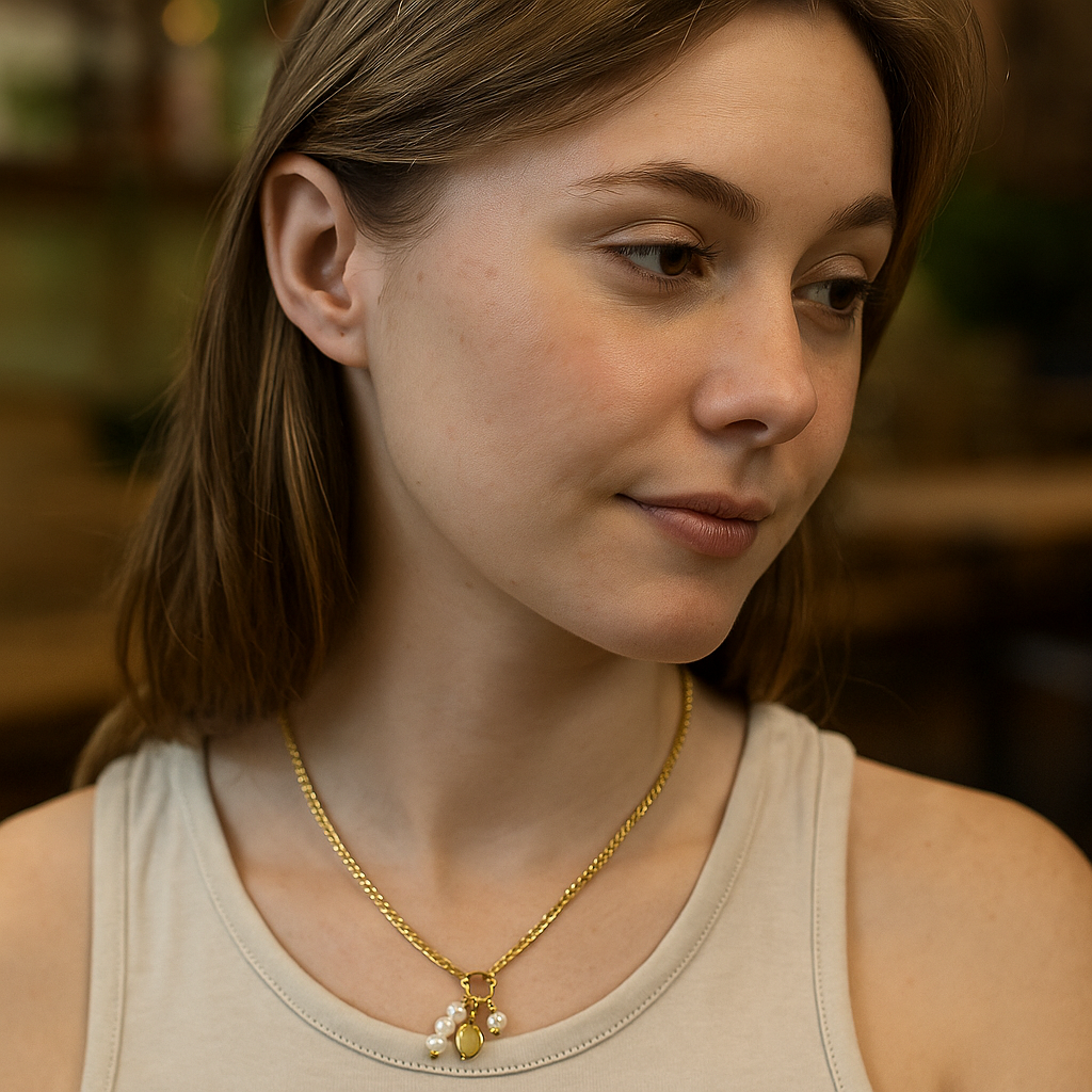 Woman wearing a gold necklace with a blurred background