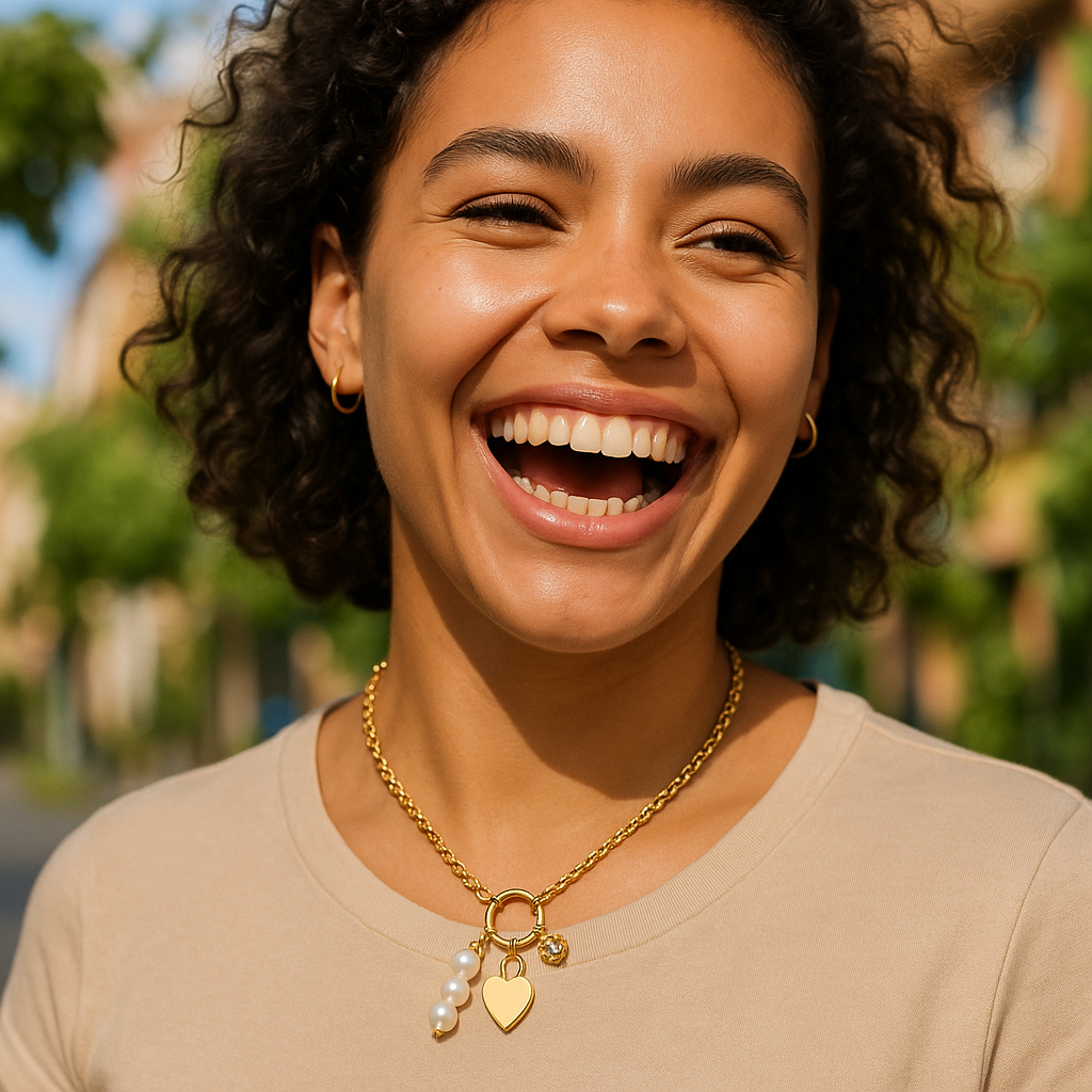 Woman wearing a gold necklace with heart and pearl charm, outdoors.