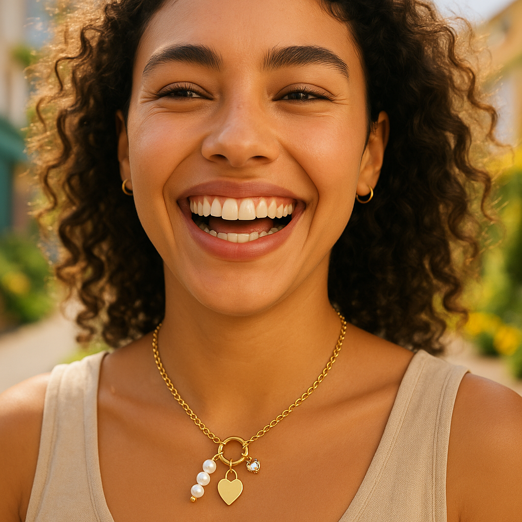 Woman wearing a gold necklace with heart and pearl charms, smiling outdoors.