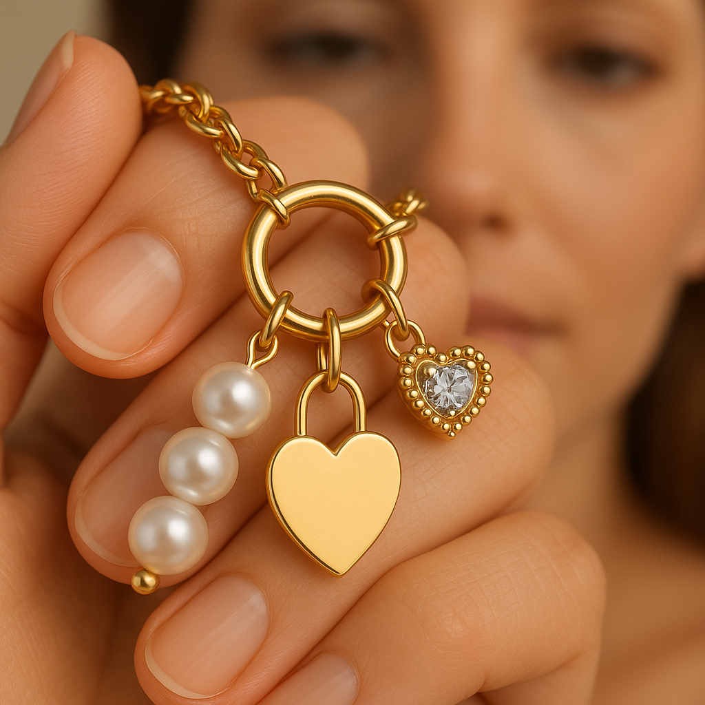 Gold bracelet with heart, pearl, and lock charms held by a person.
