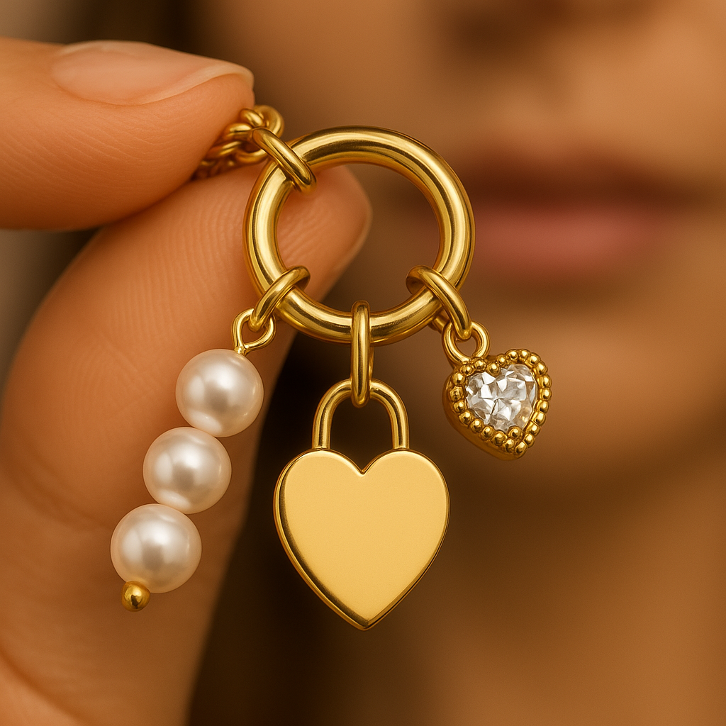Gold charm with heart, pearl beads, and diamond on a blurred background