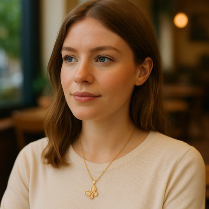Woman wearing a gold necklace with a butterfly pendant in an indoor setting