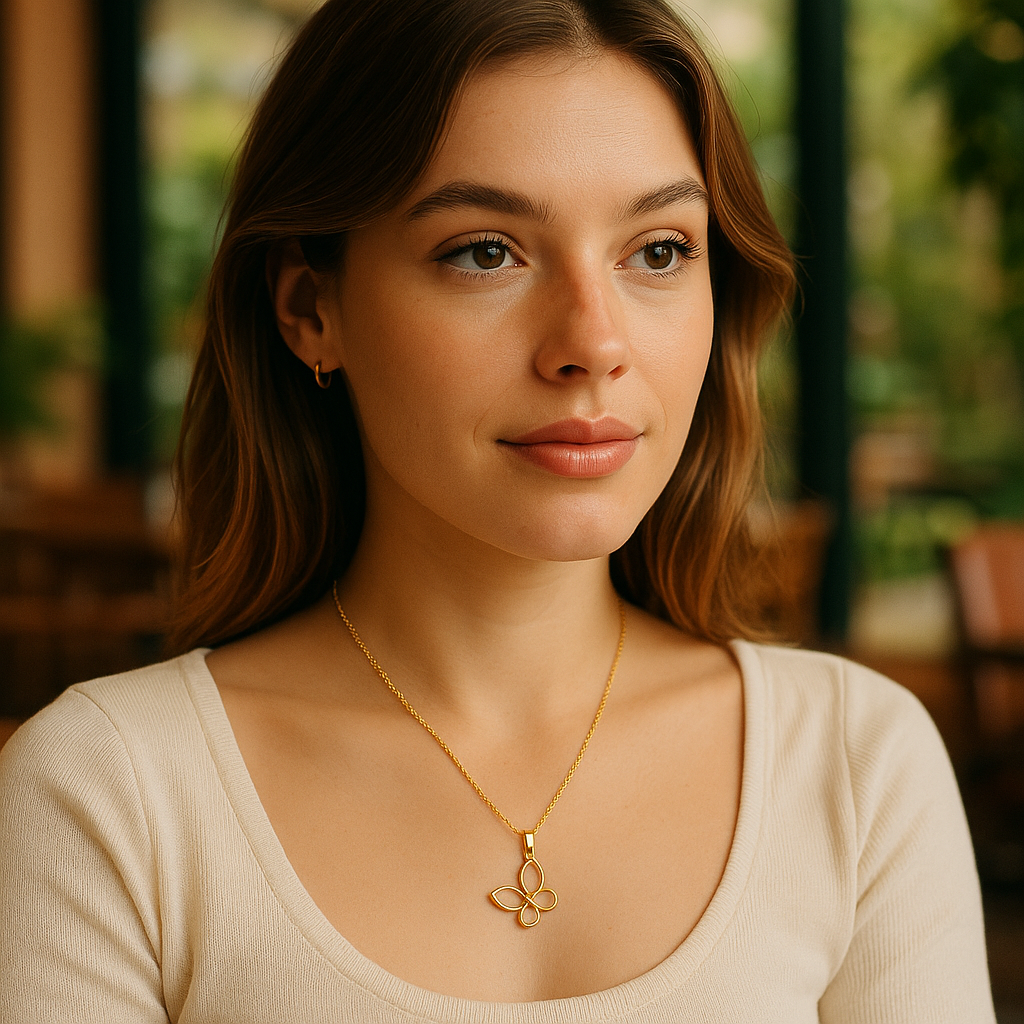 Woman wearing a gold necklace with a butterfly pendant in an indoor setting