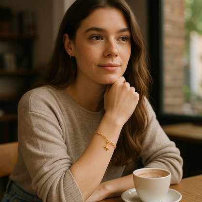 Woman sitting at a table with a cup of coffee, wearing a beige sweater and gold bracelet.