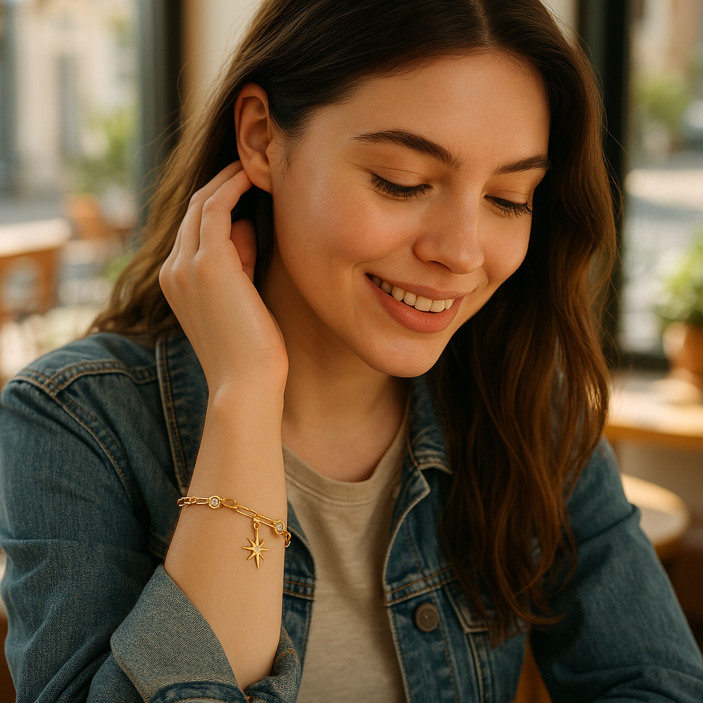 Woman wearing a gold bracelet with star design in an outdoor setting