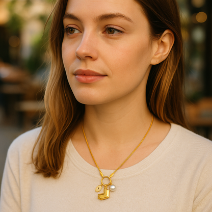 Woman wearing a gold necklace with charms in an outdoor setting