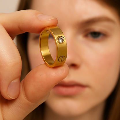 Gold ring with a diamond held by a hand in front of a blurred face