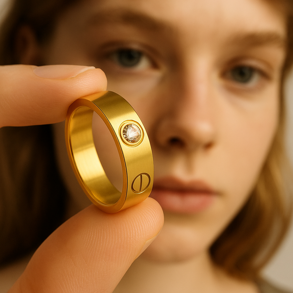 Gold ring with a diamond held by a person against a blurred background