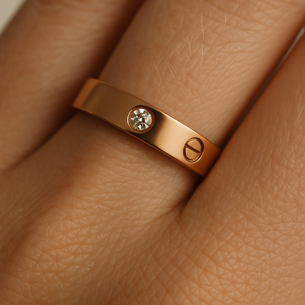 Rose gold ring with a diamond on a person's finger