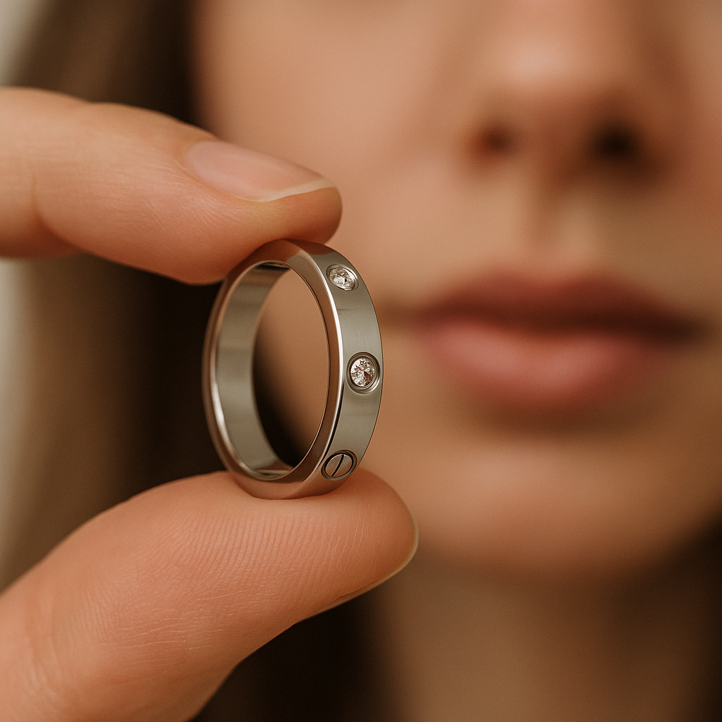 Close-up of a person holding a silver ring with small stones.