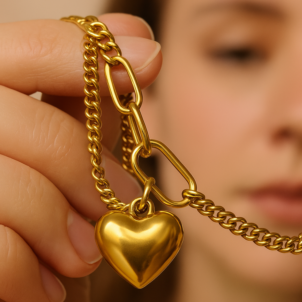 Gold chain bracelet with a heart-shaped pendant held by a hand, blurred background