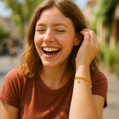 Woman laughing outdoors with a blurred background