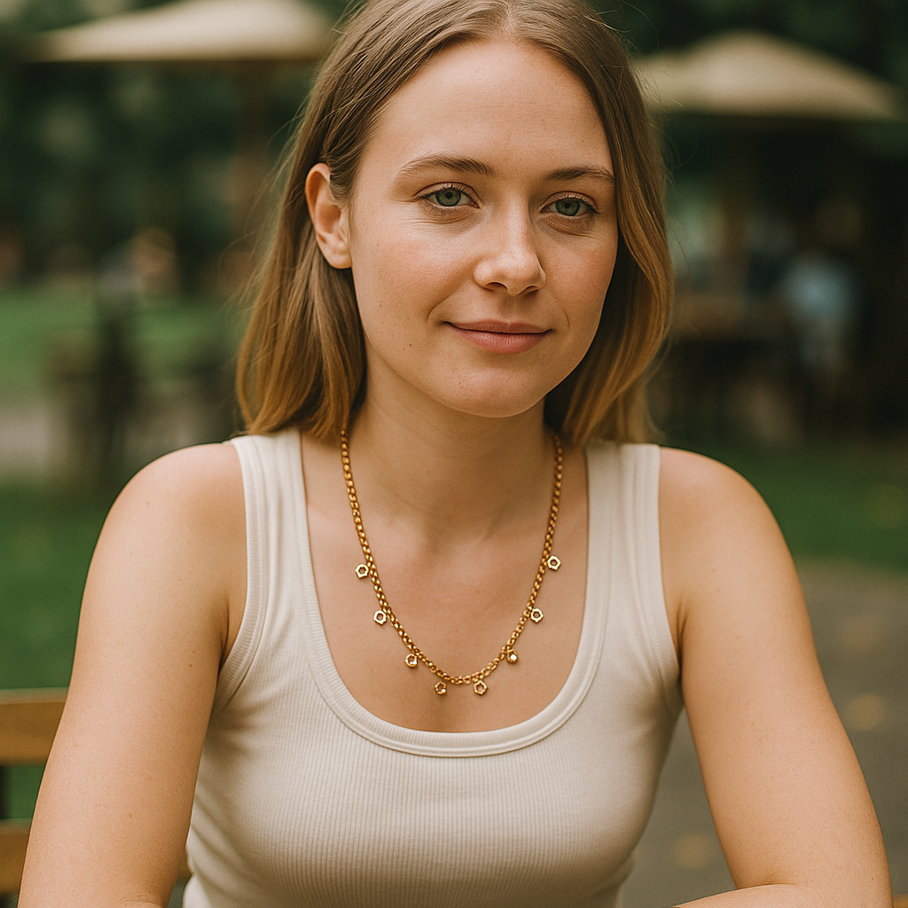 Woman wearing a beige tank top and gold necklace outdoors