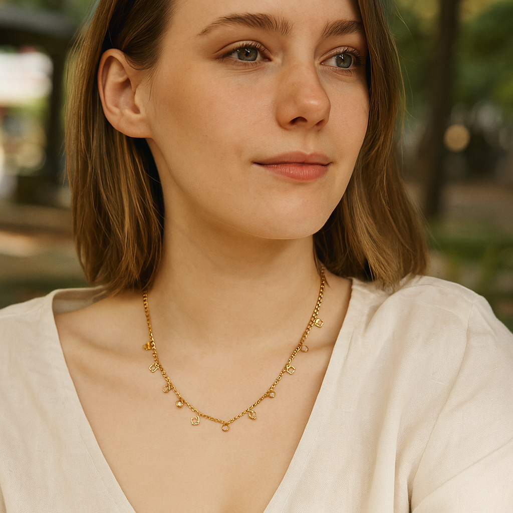 Woman wearing a gold necklace with a blurred outdoor background