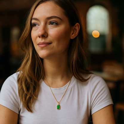 Woman wearing a white t-shirt and 18K gold necklace with a green pendant in a blurred indoor setting