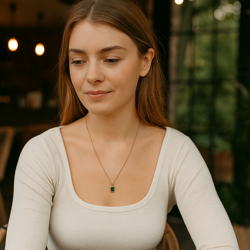 Woman wearing a necklace with a green pendant in an indoor setting