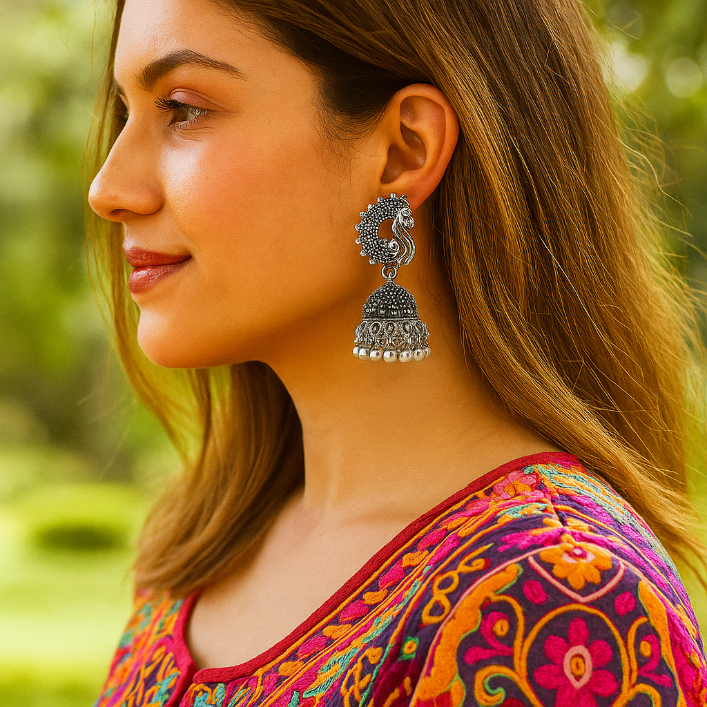 Oxidized Silver plated Peacock Jhumka Earrings