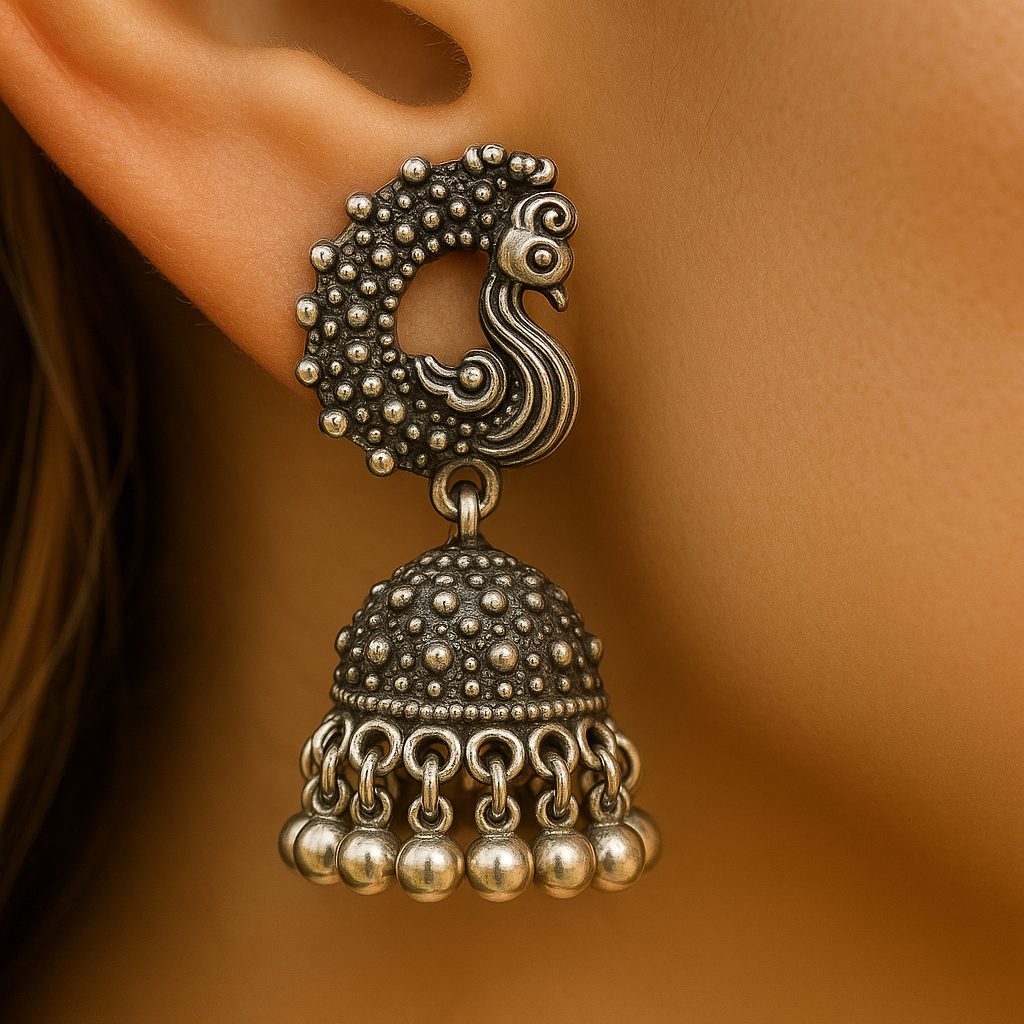 Oxidized Silver plated Peacock Jhumka Earrings
