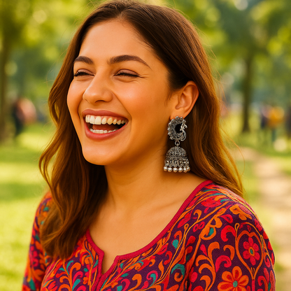 Oxidized Silver plated Peacock Jhumka Earrings