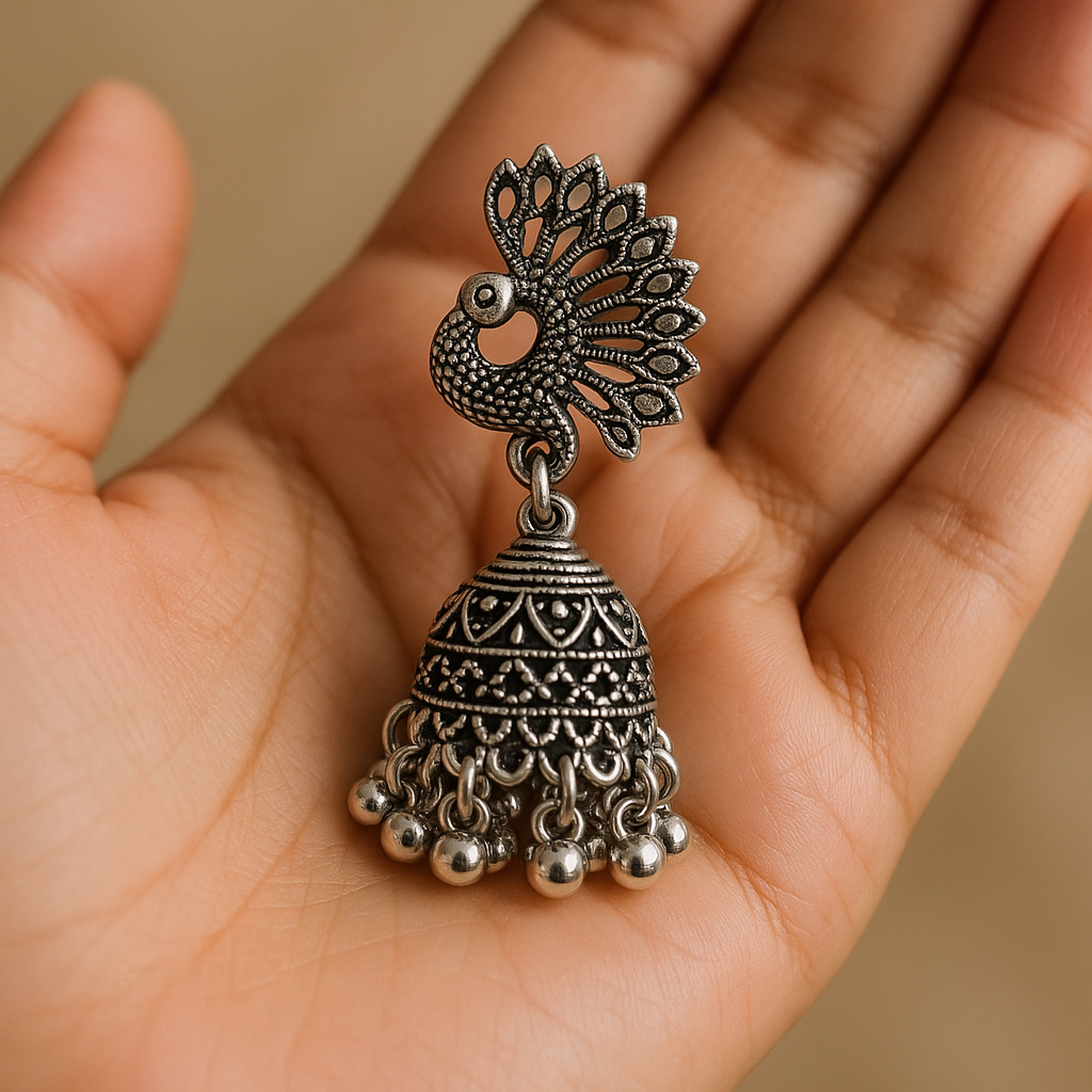 Silver peacock-shaped earring held in a hand against a beige background