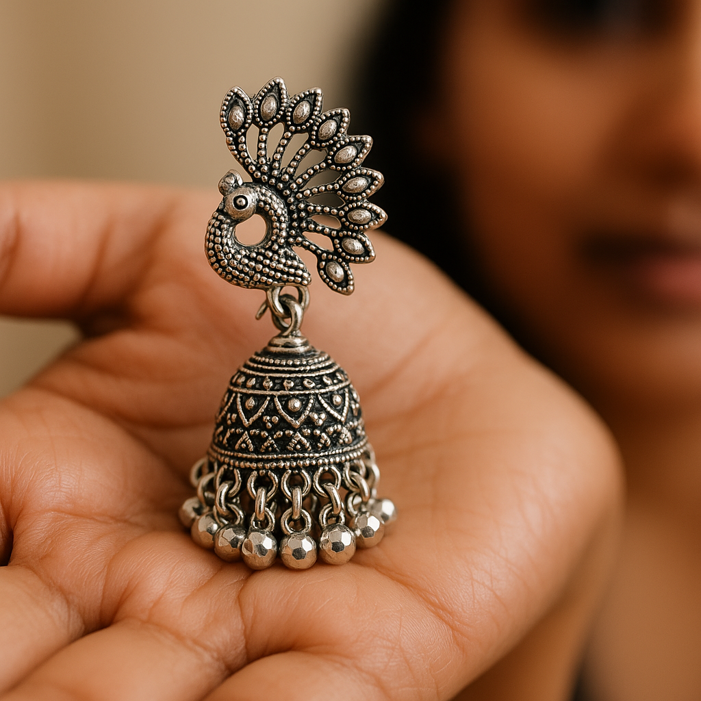 Silver jhumka earring held in a hand with a blurred background