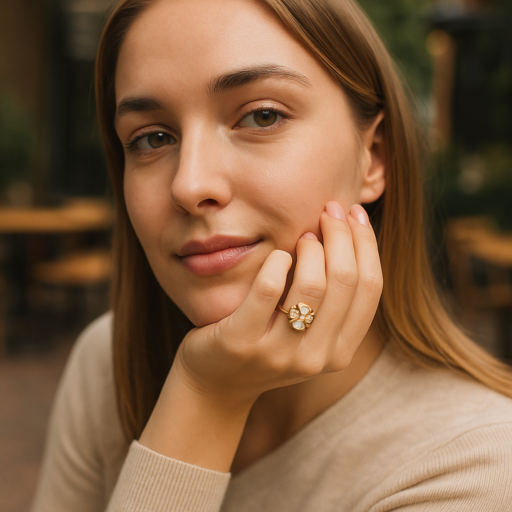 Woman wearing a gold ring with a floral design, posing with hand by her face.