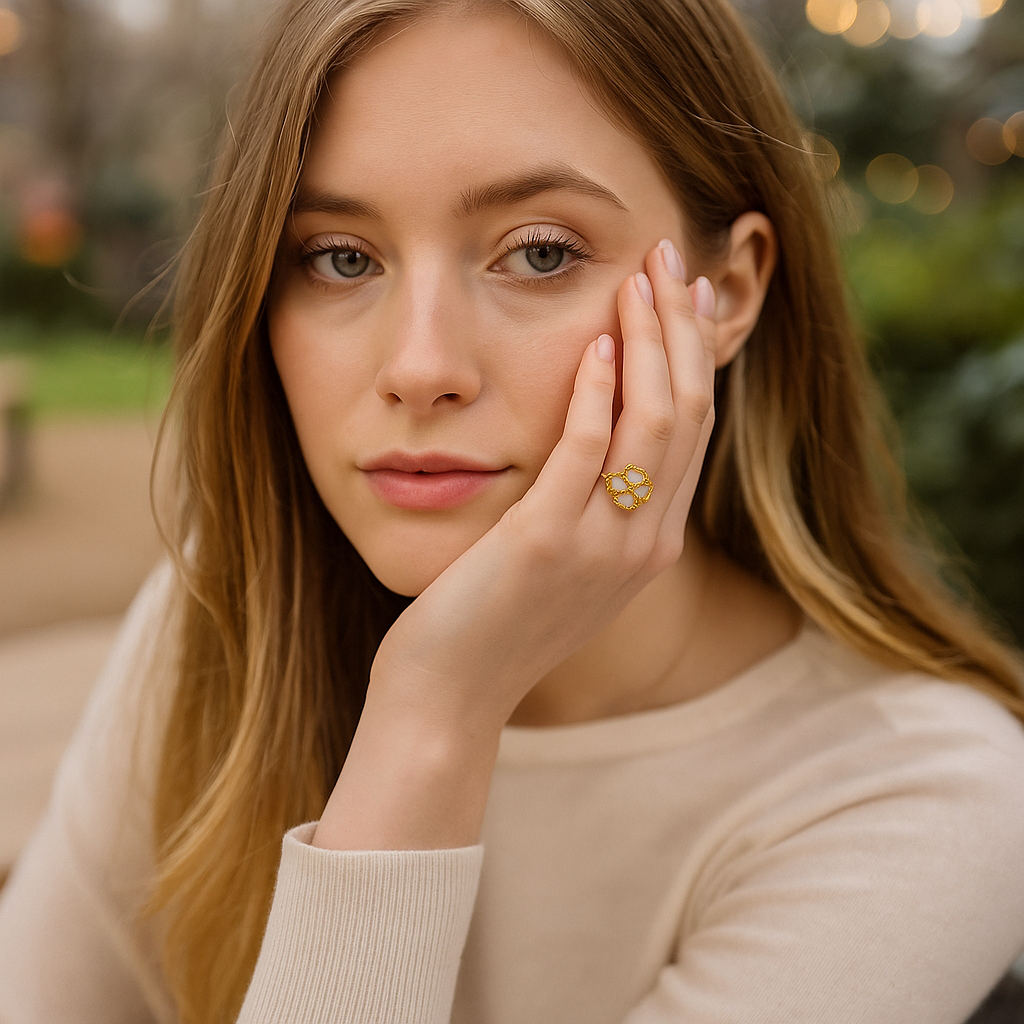 Woman wearing a gold ring with a diamond, outdoors