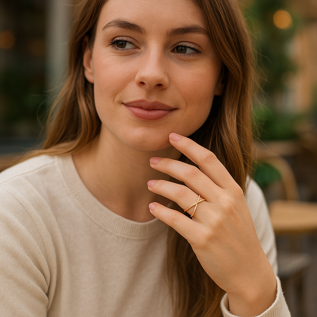 Woman wearing a gold ring in an outdoor setting