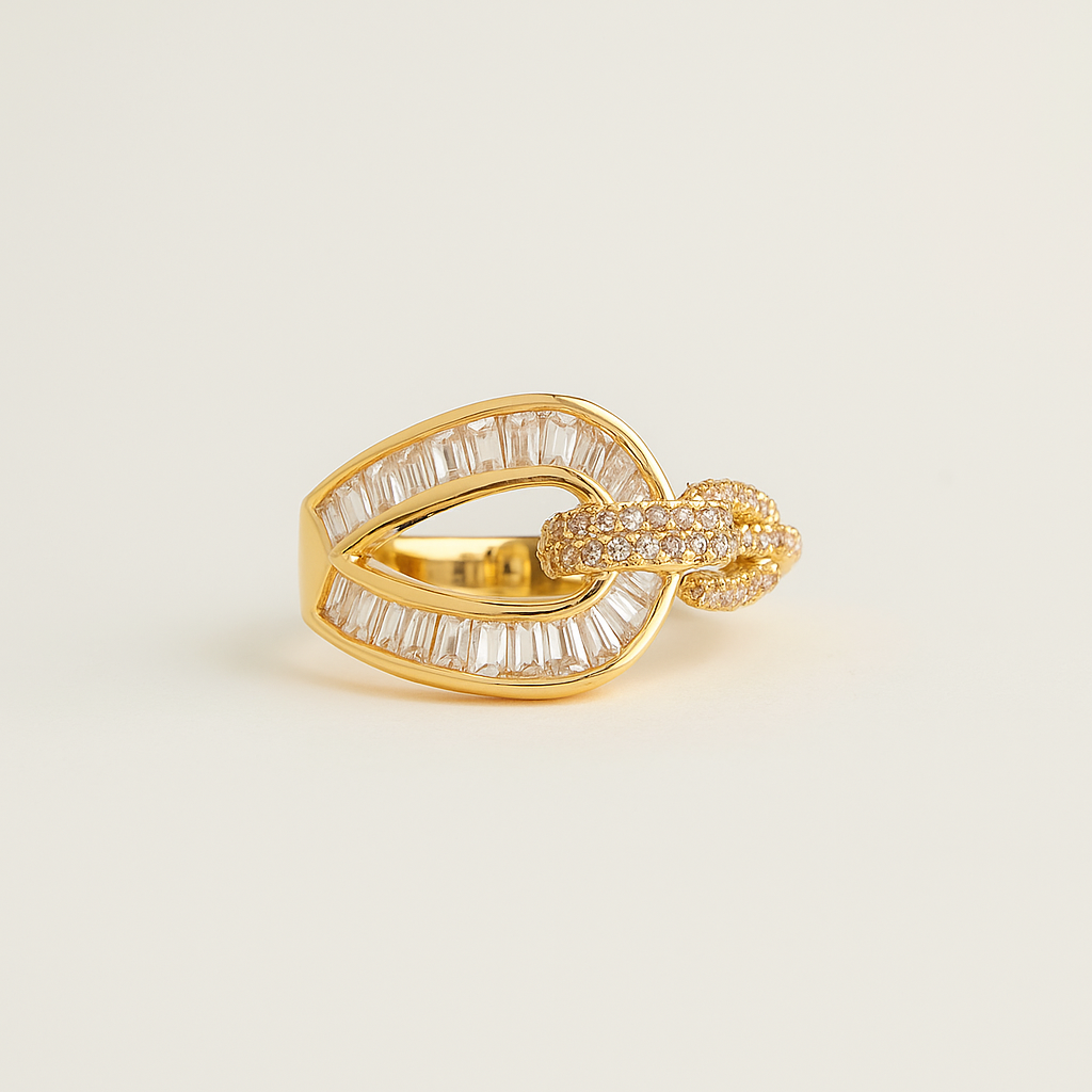 Gold ring with diamond accents on a beige background