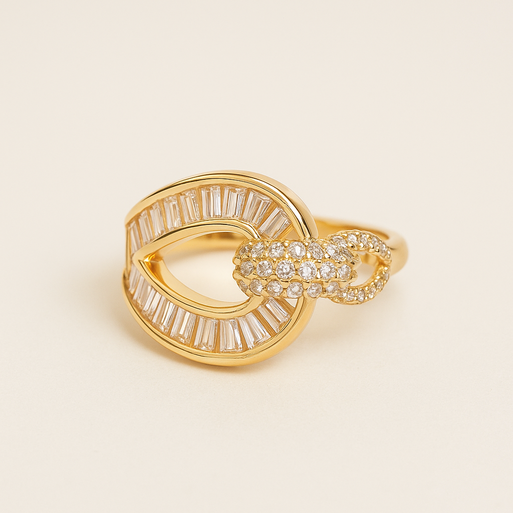 Gold ring with diamond accents on a beige background