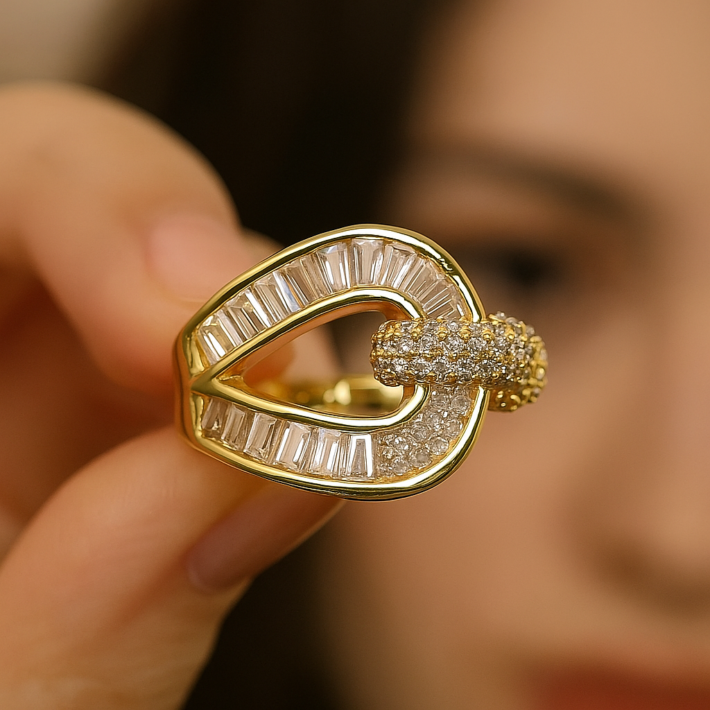 Gold ring with diamond accents held close to a person's face