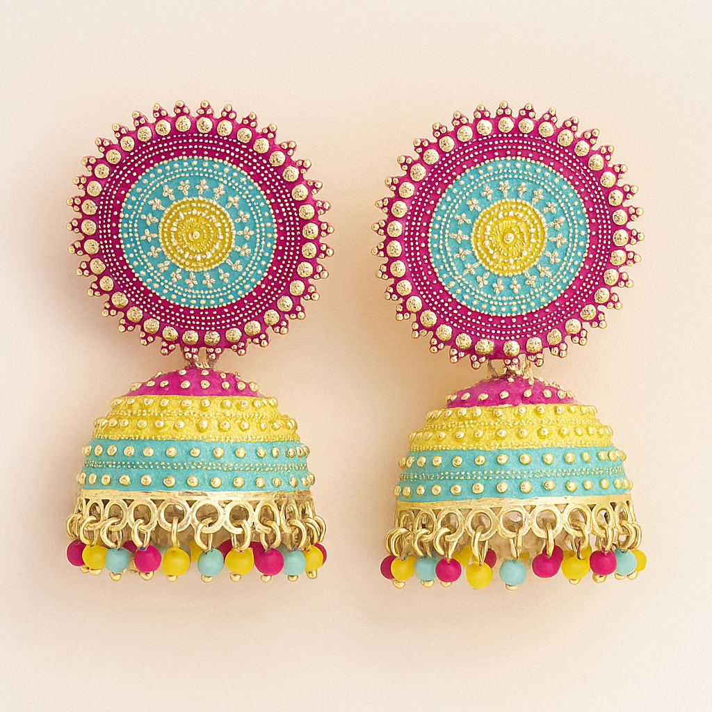 Colorful jhumka earrings on a beige background