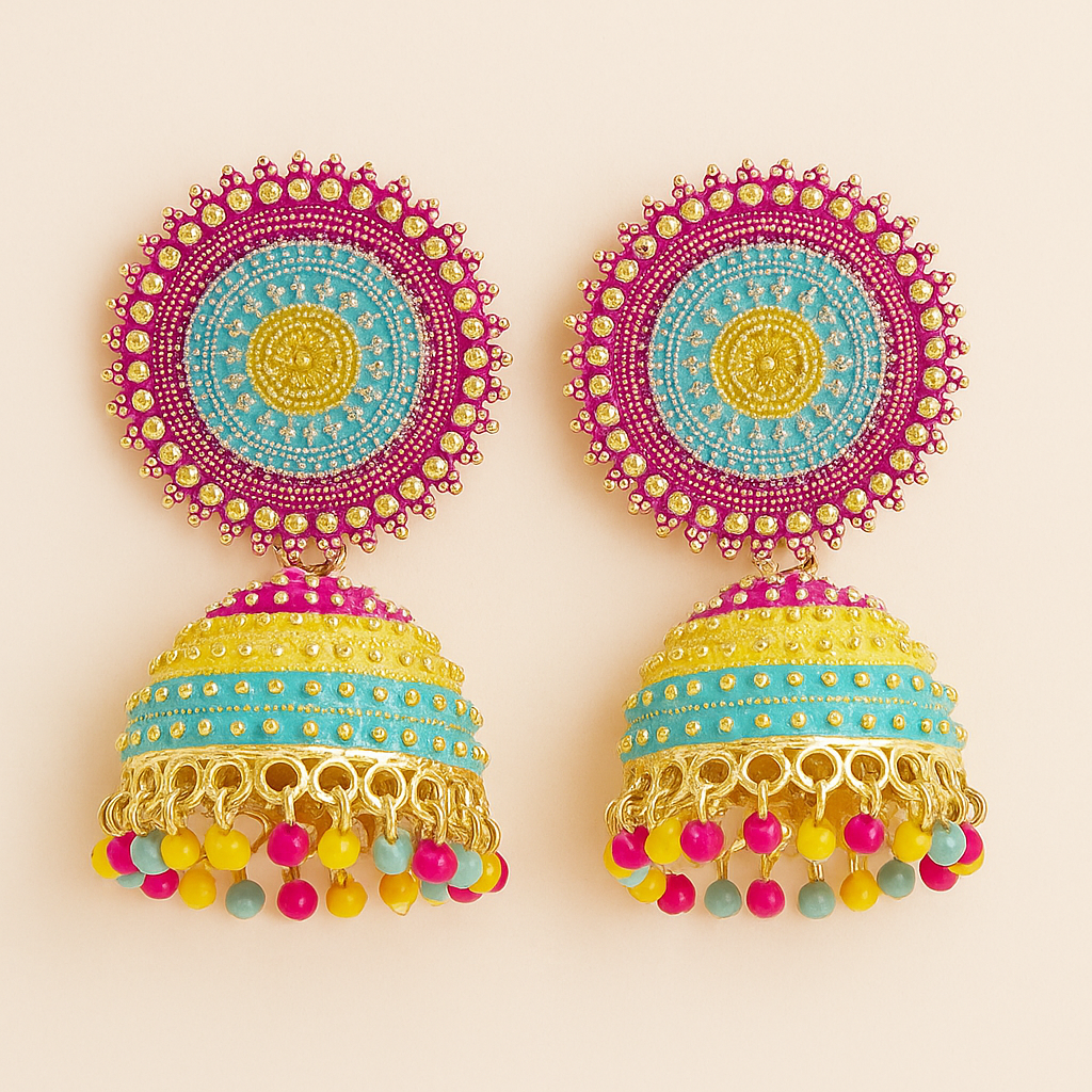Colorful beaded earrings with a decorative design on a beige background