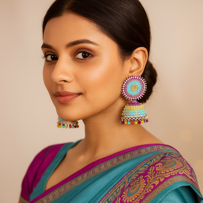 Woman wearing colorful meenakari earrings and a blue and purple saree against a beige background