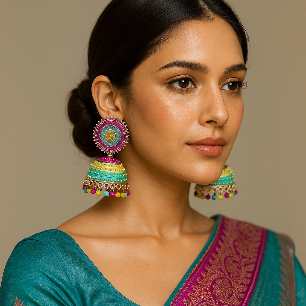 Woman wearing colorful earrings with a neutral background