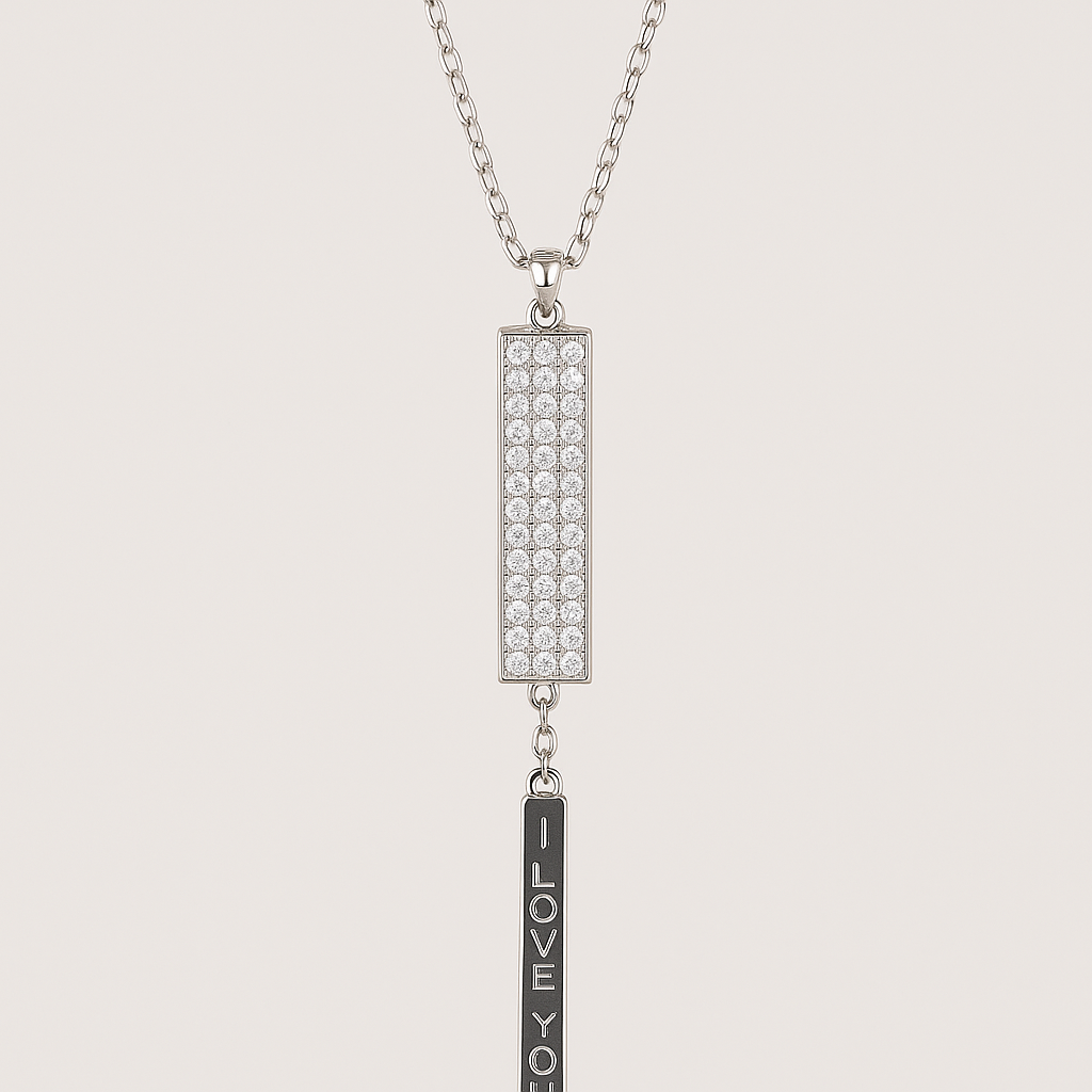 Silver necklace with rectangular pendant and 'I LOVE YOU' bar on a light gray background