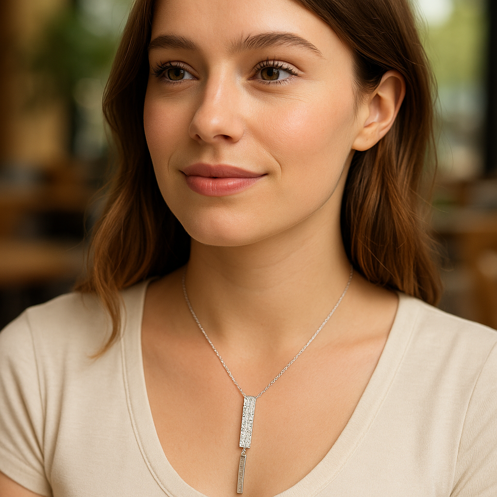 Woman wearing a silver necklace with a blurred background