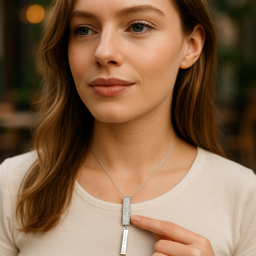 Woman wearing a silver necklace with a rectangular bar pendant, pointing to it.