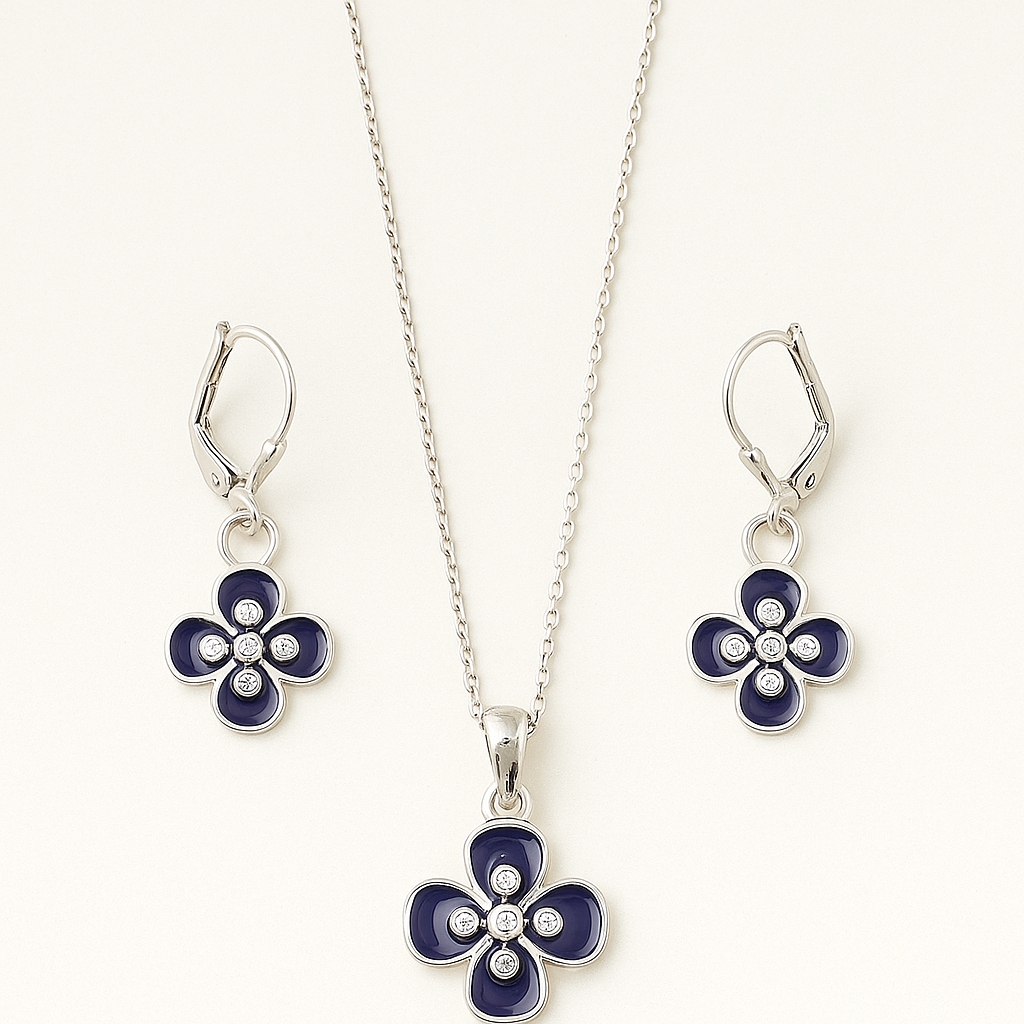 Flower-shaped jewelry set with necklace and earrings on a white background