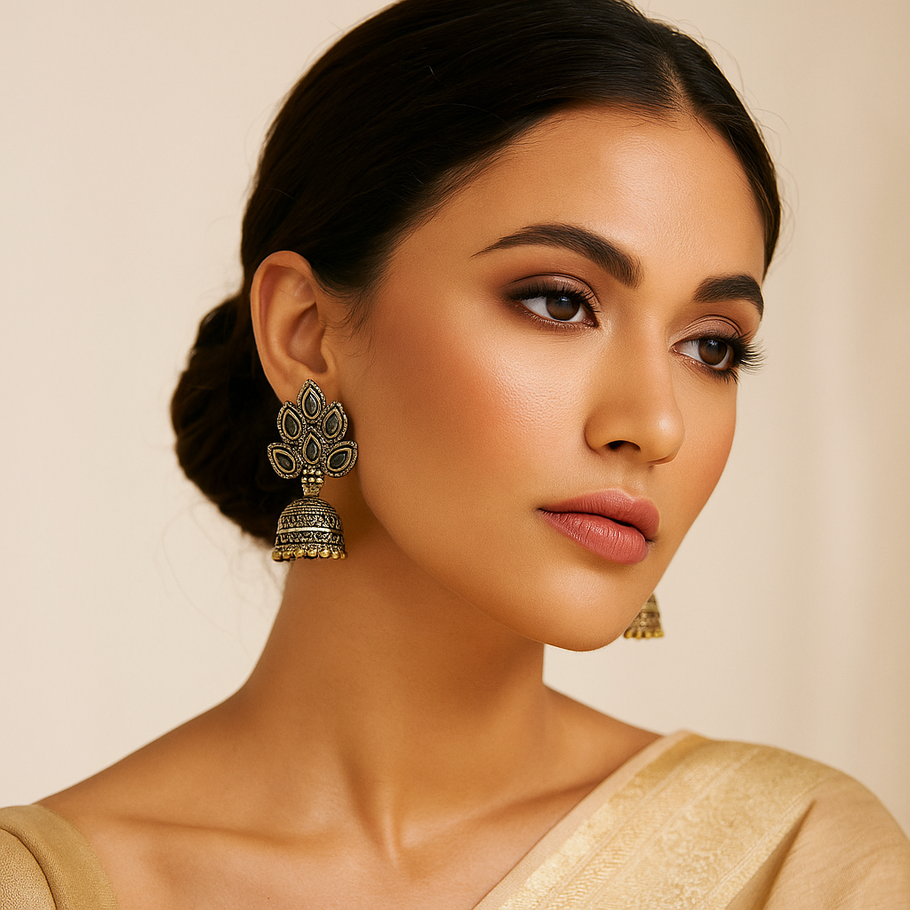 Woman wearing traditional earrings against a beige background