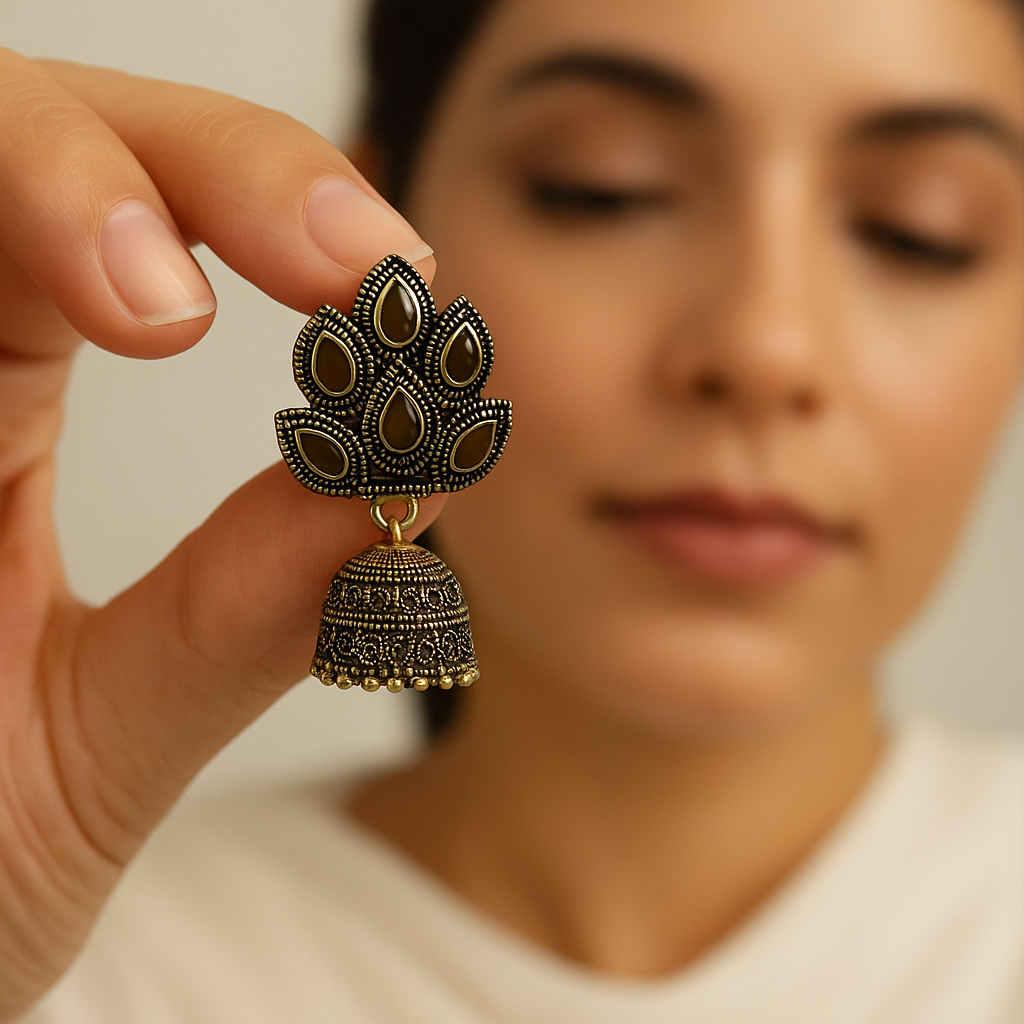 Person holding a decorative earring with a blurred background