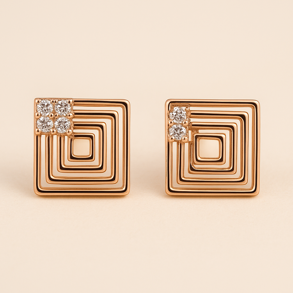 Gold square earrings with diamond accents on a beige background