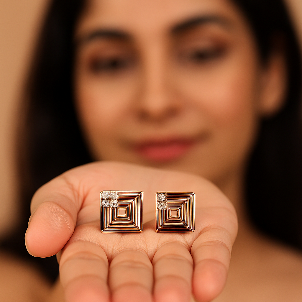 Person holding square-shaped earrings with a blurred background