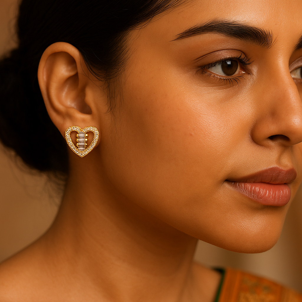 Close-up of a woman wearing a heart-shaped earring with a blurred background