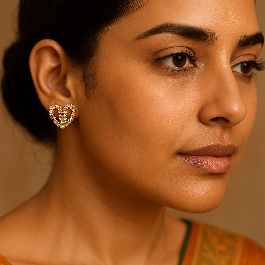 Close-up of a woman wearing a heart-shaped earring against a neutral background