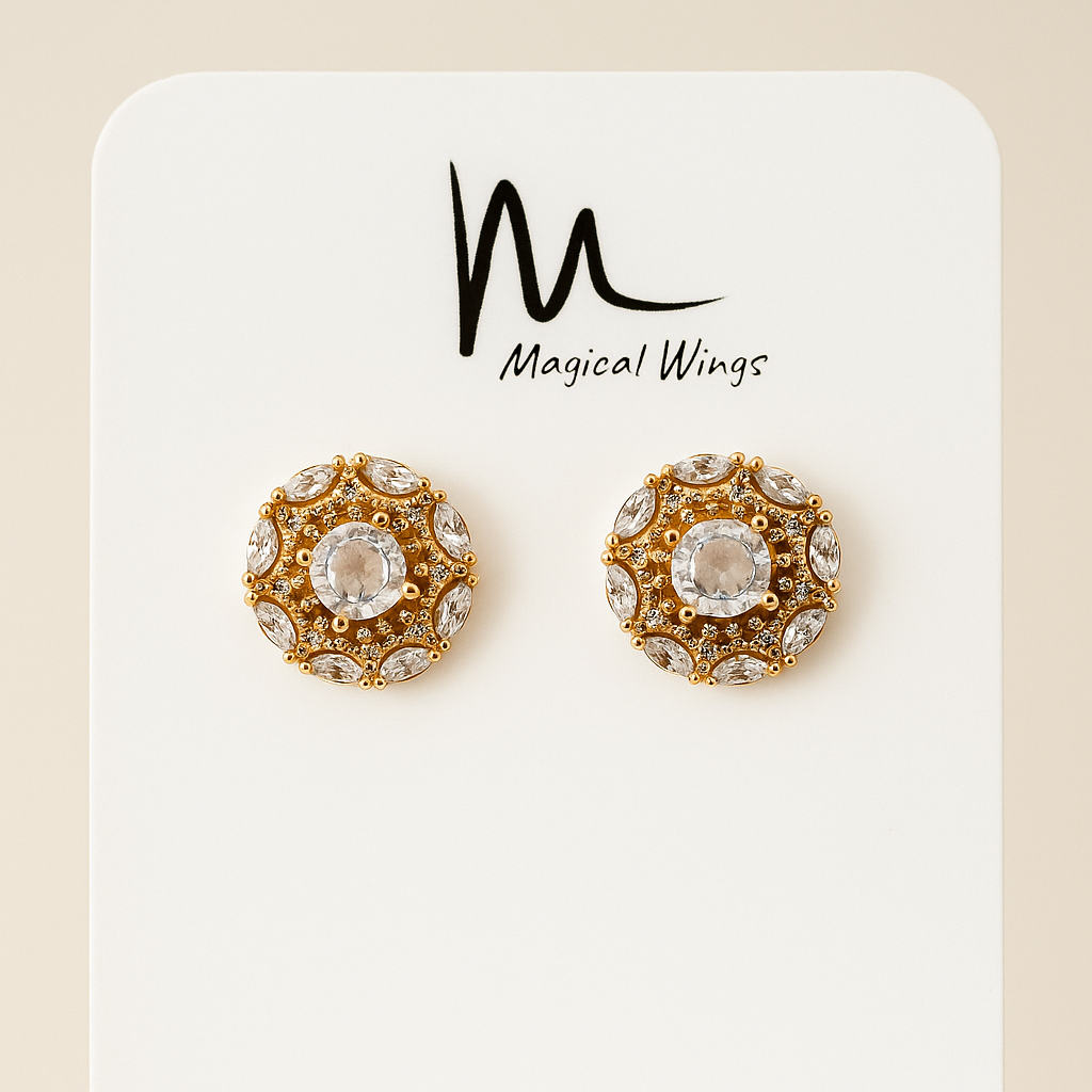 Gold and crystal earrings on a 'Magical Wings' branded card