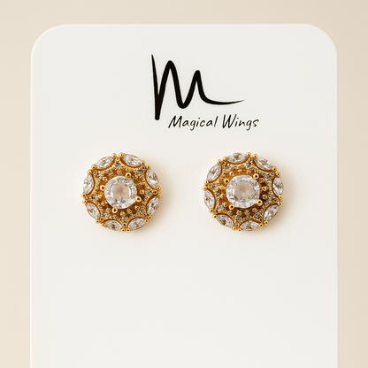Gold and crystal earrings on a 'Magical Wings' branded card